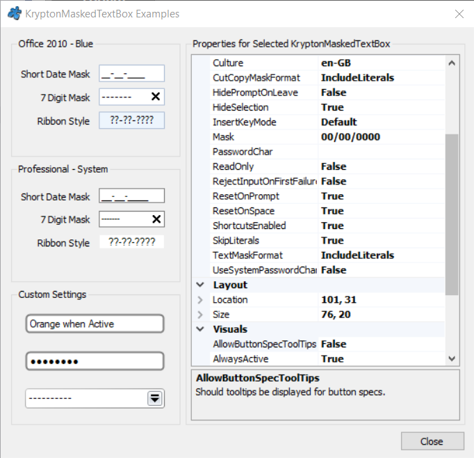 KryptonMaskedTextBox 示例截图